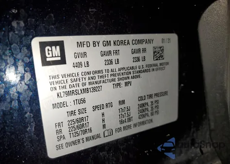 2021 Chevrolet Trailblazer Lt из США, поврежденный, VIN KL79MRSLXMB139227